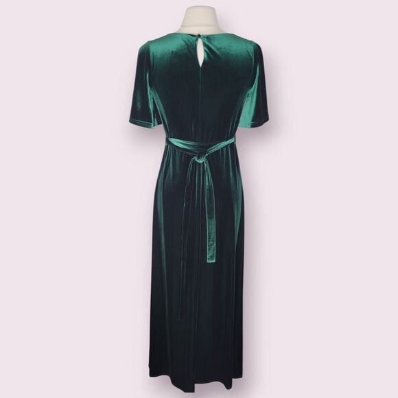 REVELRY Reese Emerald Green Velvet Maxi Dress Size S Flutter Sleeve Sash Belt - Picture 2 of 11